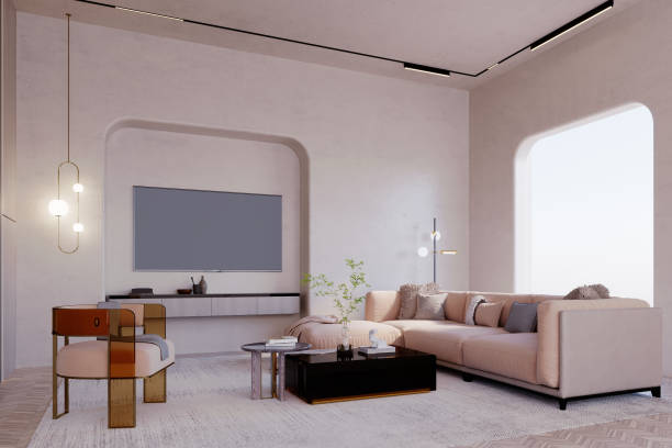 salon en marron et beige. - designer living room brown white photos et images de collection