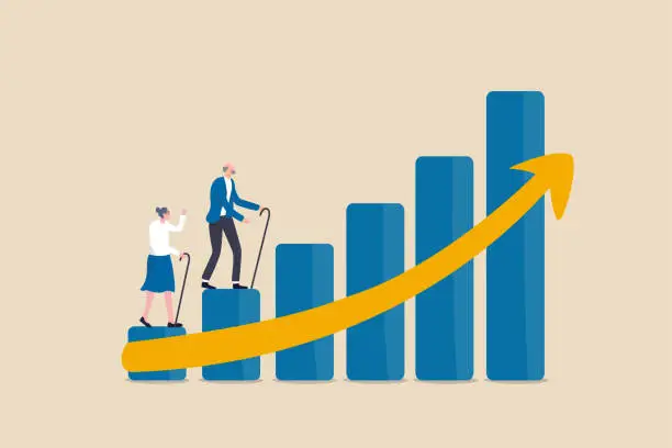 Vector illustration of Aging society, world population aging problem, workforce crisis by low birth rate compare to senior elderly or retiree increase, elderly senior couple walk up rising, increasing graph of aged citizen.