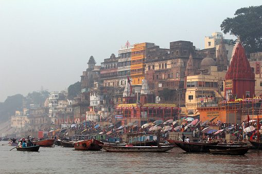 November 16, 2010. Varanasi, India.\nVaranasi, one of the holiest cities in India. It is located next to the Ganges river, which is considered sacred by the Hindus, and has hosted people from all over the country to worship here for thousands of years.