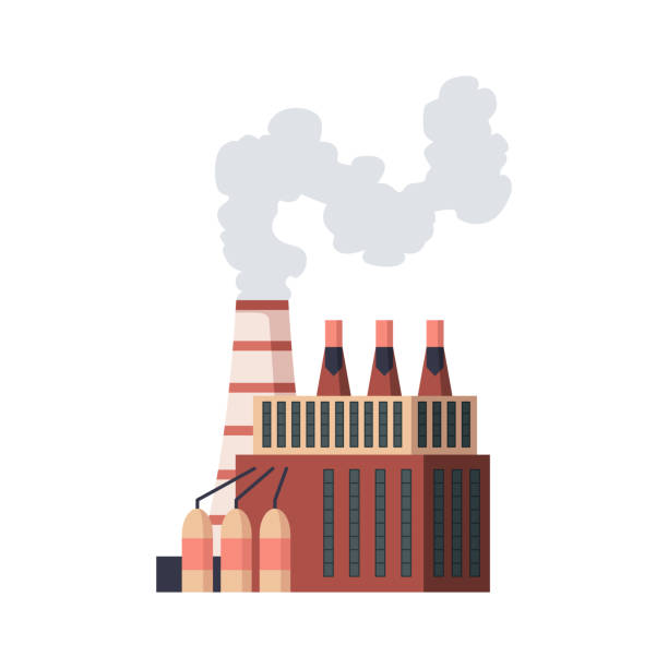 fabryka przemysłowa. budynek przemysłowy manufaktury fabryki rafinerii lub elektrowni jądrowej. kompleks budynków zakładów chemicznych izolowanych na białym tle - fuel and power generation nuclear power station tower pollution stock illustrations