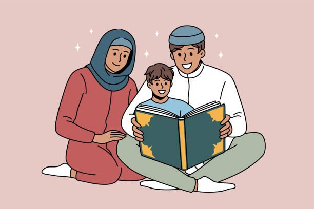 Religious education and islam concept Religious education and islam concept. Happy young arab family father mother and son sitting on floor and reading koran book vector illustration father allah stock illustrations