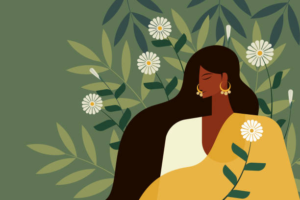 ilustrações, clipart, desenhos animados e ícones de ilustração de uma garota indiana usando vestido tradicional contra um fundo floral - saree