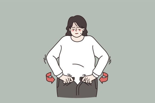 ilustrações de stock, clip art, desenhos animados e ícones de overweight woman unable to fasten jeans belt - form fitted