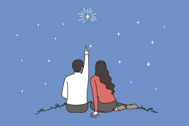 ilustraciones, imágenes clip art, dibujos animados e iconos de stock de los amantes de la pareja cuentan estrellas en el cielo nocturno - romántico