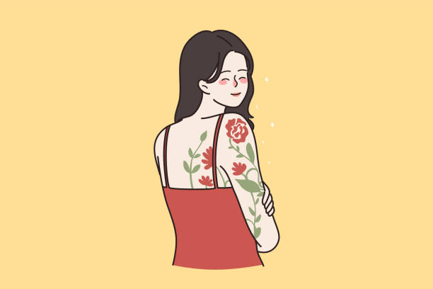 Smiling girl with flower tattoo on shoulder Smiling young woman with flower tattoo on arm, shoulder and back. Happy millennial generation z girl body painting drawing with ink. Hobby, art concept. Self-expression. Flat vector illustration. back shoulder tattoos for women pictures stock illustrations