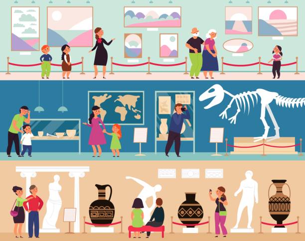 ilustrações de stock, clip art, desenhos animados e ícones de museum gallery. cartoon character people, visitors art exhibit. dinosaur skeleton and sculpture, painting artwork decent vector illustration - museum child art museum art