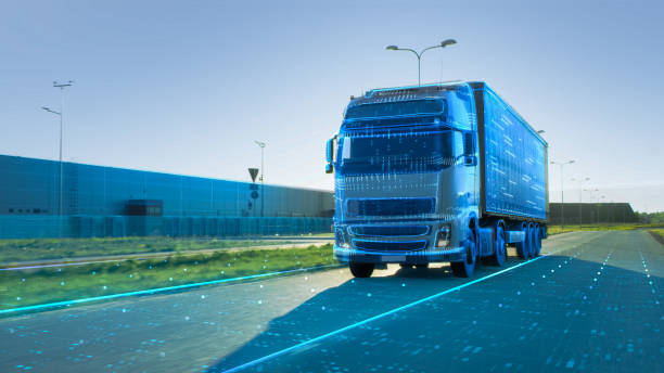 istock Advanced Technology Concept: Big White Semi-Truck with Cargo Trailer Drives on the Road is Transformed with Graphics and Special Effects Into Digital Twin Futuristic Concept of Autonomous Vehicle 1351045478