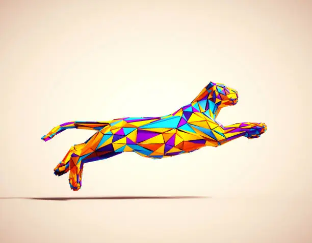 Photo of Colorful low poly puma on white background.