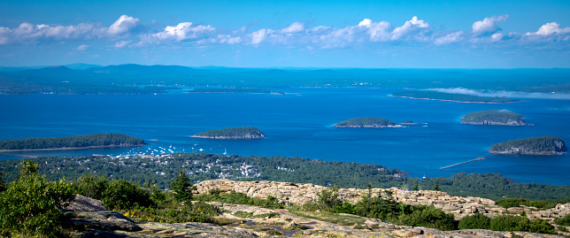 A panoramic of Bar Harbor from the peak at Cadillac Mountain in Acadia National Park