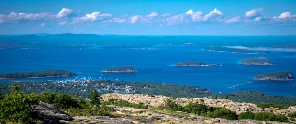 Bar Harbor Coastline A panoramic of Bar Harbor from the peak at Cadillac Mountain in Acadia National Park new england usa photos stock pictures, royalty-free photos & images