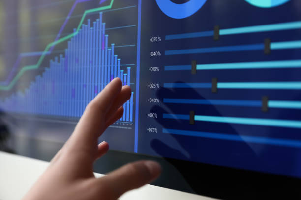 istock Woman working with statistic information on screen, closeup 1351047843