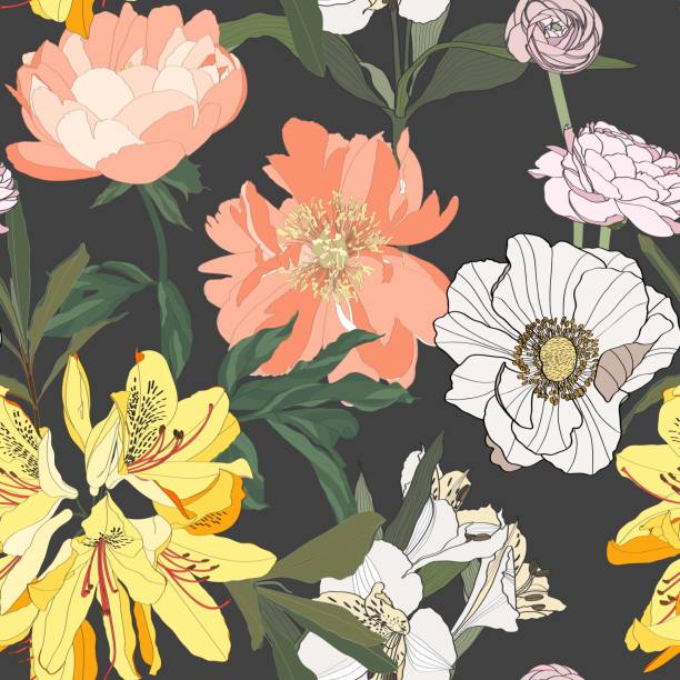 istock Peony, anemones, rhododendron flowers. Seamless pattern with vintage orange flowers. Floral black background. 1351049069