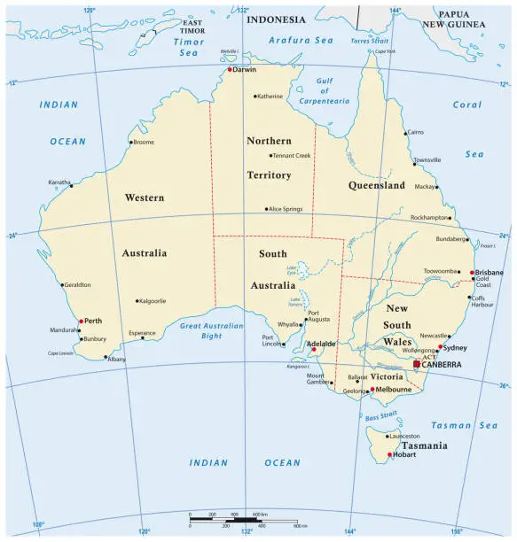 Vector illustration of vector map of the Australian continent with main cities
