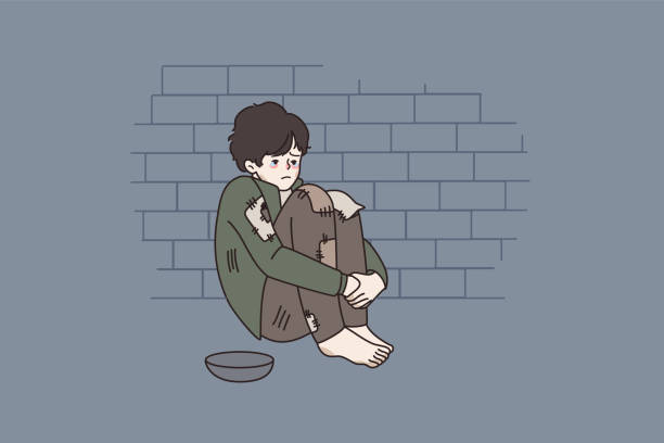 cậu bé vô gia cư nghèo cầu xin sự giúp đỡ trên đường phố - sad boy outside hình minh họa sẵn có