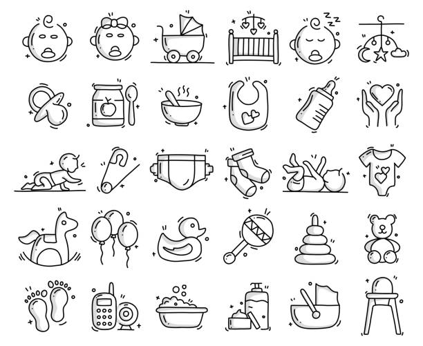 babys und mutterschaft verwandte objekte und elemente. handgezeichnete vektor-doodle-illustrationssammlung. handgezeichnete symbole gesetzt. - baby blanket illustrations stock-grafiken, -clipart, -cartoons und -symbole