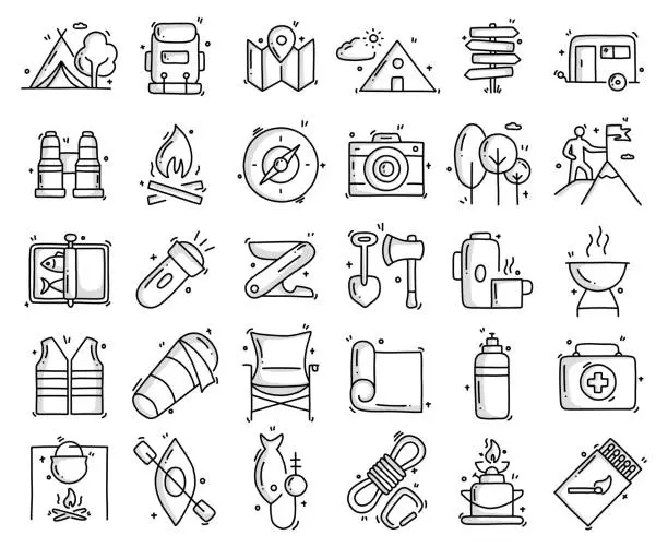Vector illustration of Camping and Outdoor Related Objects and Elements. Hand Drawn Vector Doodle Illustration Collection. Hand Drawn Icons Set.