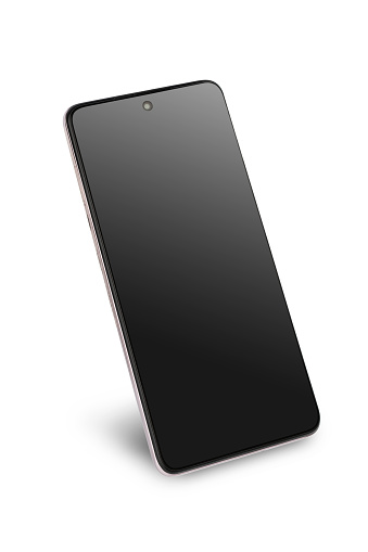 a modern smartphone is black, isolated on a white background with a shadow