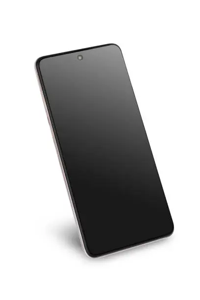 Photo of a modern smartphone is black, isolated on a white background with a shadow