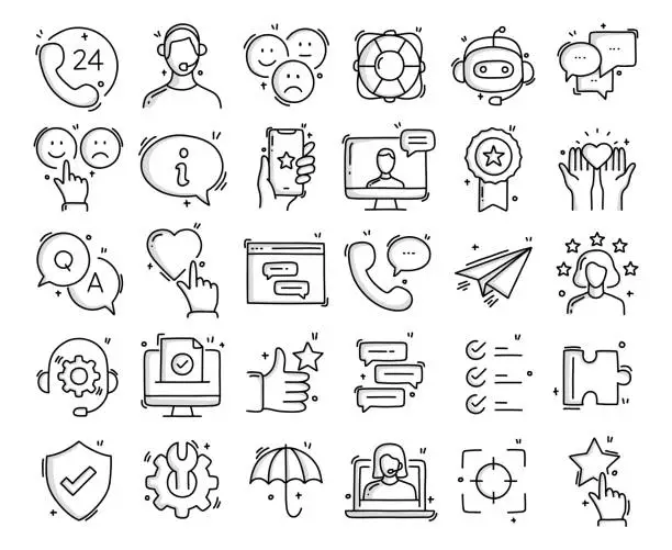 Vector illustration of Customer Support Related Objects and Elements. Hand Drawn Vector Doodle Illustration Collection. Hand Drawn Icons Set.