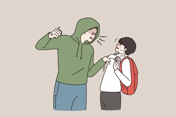 Vector illustration of Aggressive big guy bullying small schoolboy