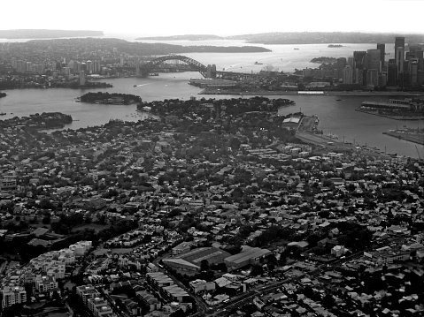 Aerial view above Sydney, Australia in the sky before landing.