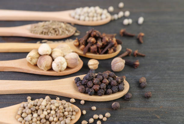 istock Assortment of spices in spoons lined up on wooden table with selective focus 1351054150