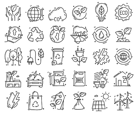 Ecology and Environment Related Objects and Elements. Hand Drawn Vector Doodle Illustration Collection. Hand Drawn Icons Set.