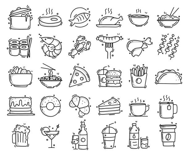 объекты и элементы, связанные �с едой и напитками. рисованная коллекция векторных рисунков doodle. набор нарисованных от руки иконок. - barbecue meal seafood steak stock illustrations