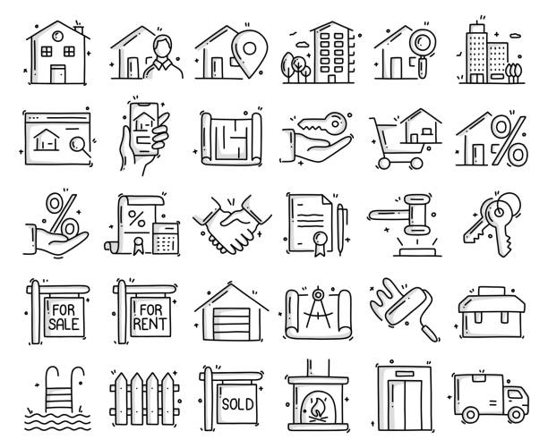 ilustrações de stock, clip art, desenhos animados e ícones de real estate related objects and elements. hand drawn vector doodle illustration collection. hand drawn icons set. - house house rental finance symbol