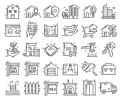 Real Estate Related Objects and Elements. Hand Drawn Vector Doodle Illustration Collection. Hand Drawn Icons Set.