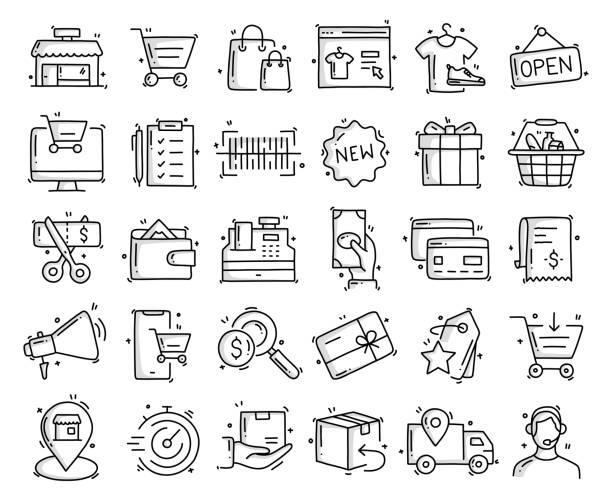 shopping and retail related objects and elements. hand drawn vector doodle illustration collection. hand drawn icons set. - mağaza perakende satış alanı stock illustrations