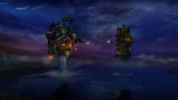 istock Magical flying islands over the night lake, 3D render. 1351055761