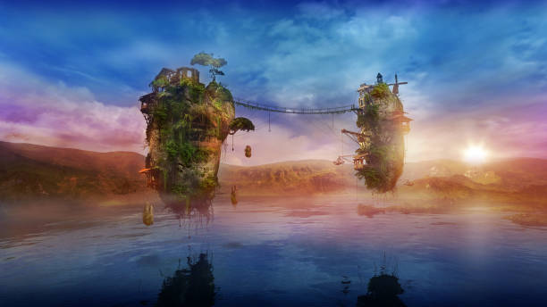 istock Magical flying islands over the lake at sunset, 3D render. 1351055900