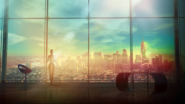 istock Sci-fi scene with an android working in a futuristic office, 3D render. 1351056166