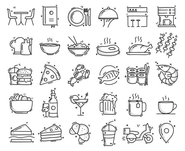 ilustraciones, imágenes clip art, dibujos animados e iconos de stock de objetos y elementos relacionados con restaurantes y alimentos. colección de ilustraciones de garabatos vectoriales dibujados a mano. conjunto de iconos dibujados a mano. - gastronomic