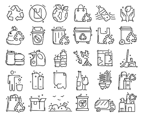 Recycling and Waste Related Objects and Elements. Hand Drawn Vector Doodle Illustration Collection. Hand Drawn Icons Set.