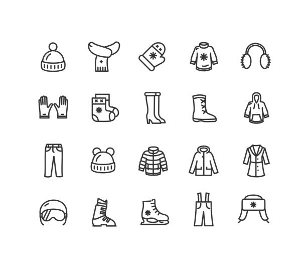 winterkleidung zeichen schwarz dünne linie icon set. vektor - warme kleidung stock-grafiken, -clipart, -cartoons und -symbole