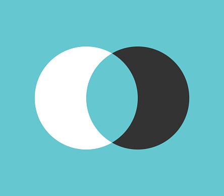 Two circles merging. Symmetric difference, sets, integration, egalitarianism, equalization, incompatibility and conflict concept. Flat design. EPS 8 vector illustration, no transparency, no gradients