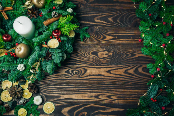 istock Christmas decorations on a rustic wooden background 1351058038