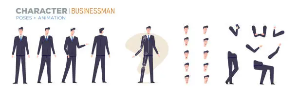Vector illustration of businessman character for animation. Creation set with various views, face emotions, poses and gestures.