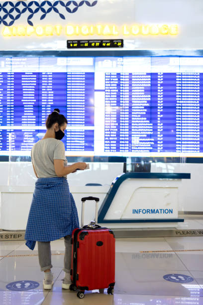 istock Young woman with protective face mask standing against information timetable panel at airport or train station. Female with suitcase, holding passport and ticket and traveling during pandemic. 1351061563