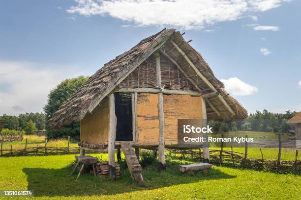 Celtic Elevated House Built On Stilts With Straw Thatched Roof At Celtic Open Air Museum In Nasavrky Czech Republic Stock Photo - Download Image Now