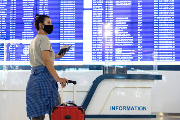 istock Young woman with protective face mask standing against information timetable panel at airport or train station. Female with suitcase, holding passport and ticket and traveling during pandemic. 1351061664