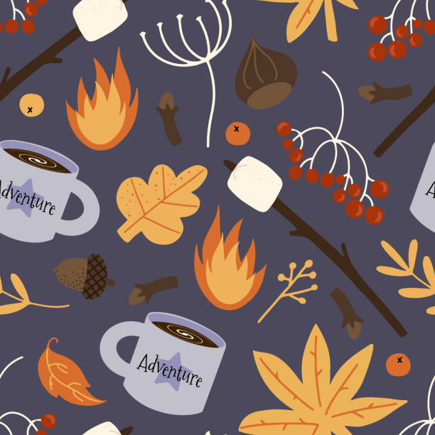 Seamless pattern with camping theme Vector seamless pattern with cute bonfire objects, mugs, leafs, marshmallows on sticks oak fire stock illustrations