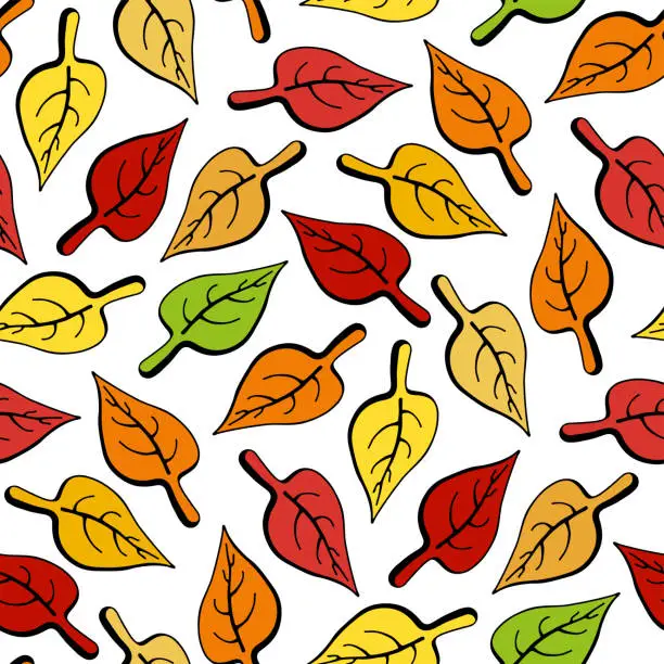 Vector illustration of Bright colorful autumn foliage isolated on white background. Cute colored ink seamless pattern. Vector flat graphic hand drawn illustration. Texture.