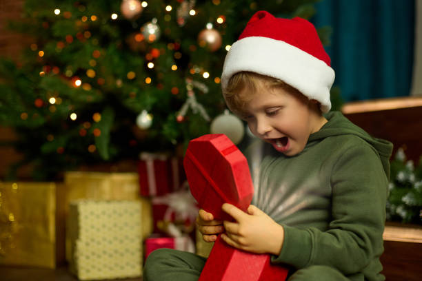 istock Cute boy in a Christmas hat opens a magical gift sitting at a decorated Christmas tree 1351063713