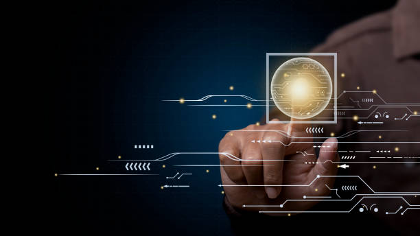 istock Businessman touching screen, pushing on a touch screen digital hi-tech technology design. 1351064966