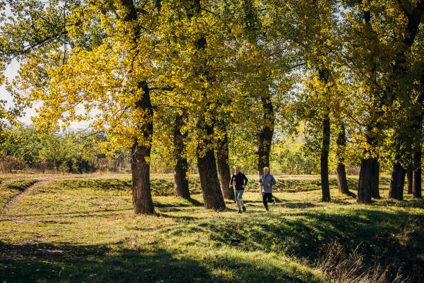 istock Senior friends jogging in nature 1351065719
