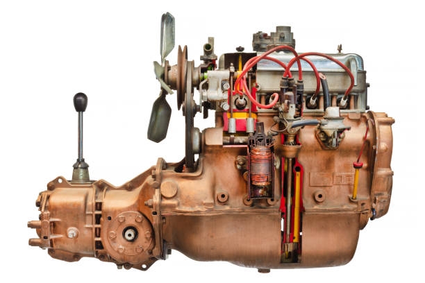 istock Vintage car engine with transmission and gear shift isolated on a white background 1351067088