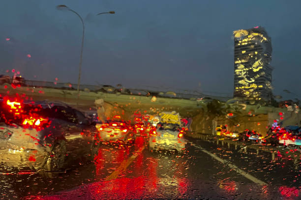 Rainy day in the traffic. stock photo
